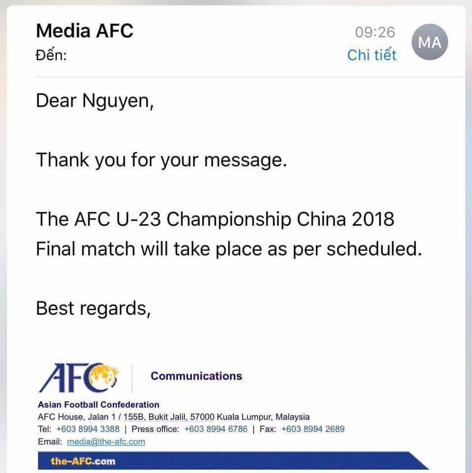 CHÍNH THỨC: AFC nói gì về việc hoãn trận chung kết U23 Việt Nam - U23 Uzbekistan?