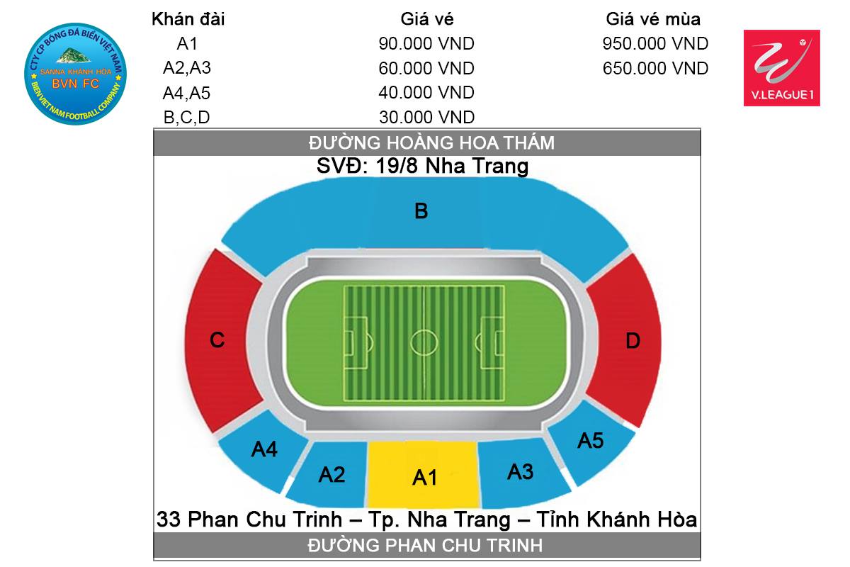 Giá vé sân 19-8 (sân Nha Trang) xem trực tiếp trận Sanna Khánh Hòa vs SHB Đà Nẵng