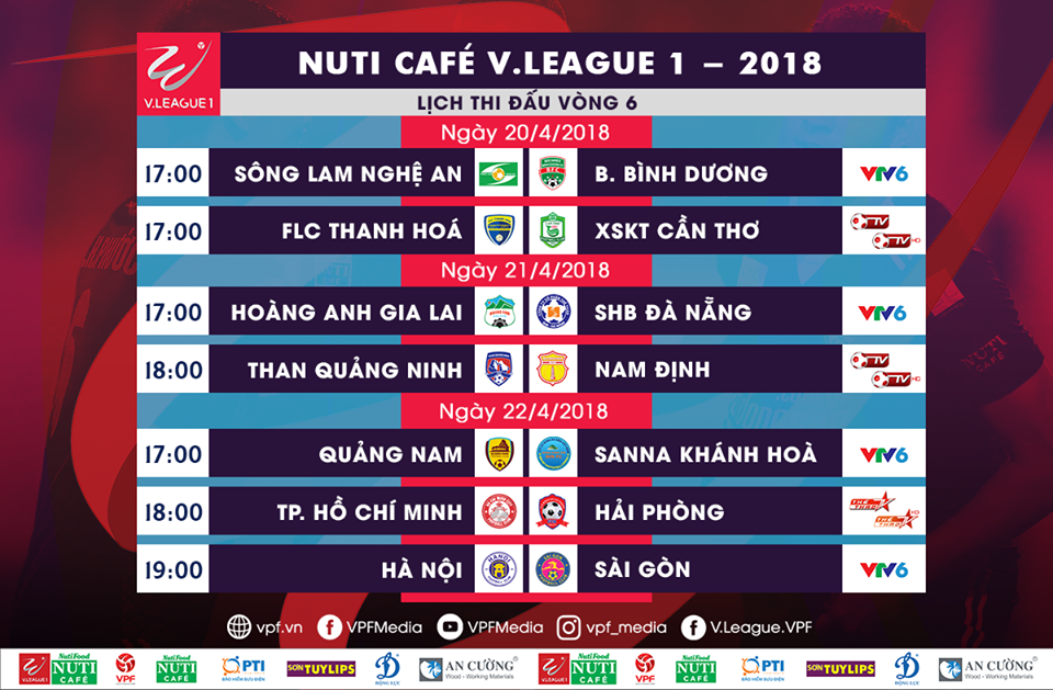 Lịch phát sóng trực tiếp vòng 6 V.League 2018 SLNA vs B. Bình Dương