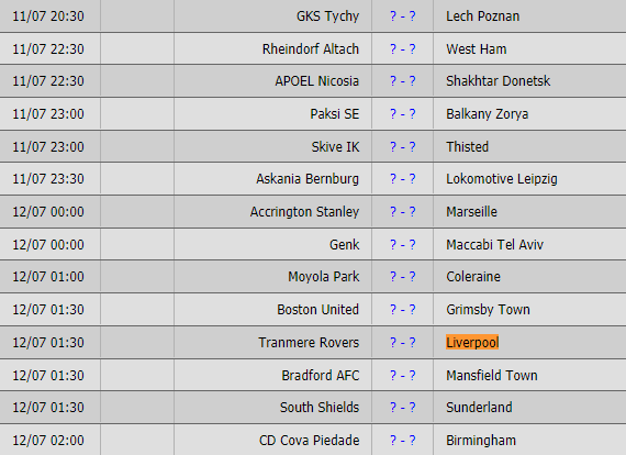 Lịch thi đấu bóng đá hôm nay 11/7: Tranmere Rovers vs Liverpool