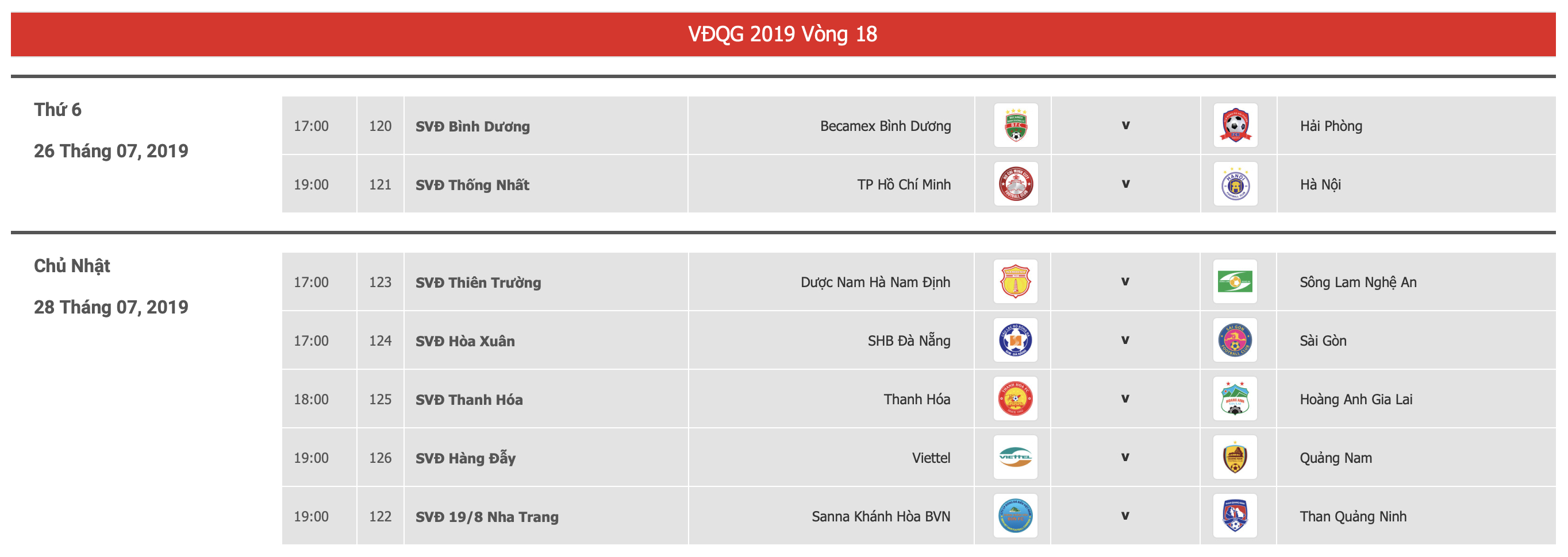 Lịch thi đấu vòng 18 V-League 2019: TPHCM vs Hà Nội FC